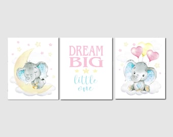 Pink Yellow Nursery, Girl Nursery Decor, Elephant Nursery Art, Dream Big Little One, Kids Wall Art, Toddler Girl, Unframed Prints or Canvas