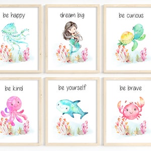 Sea animal prints, Girl nautical nursery decor, Nursery ocean prints, Sea creatures wall art, Toddler girl watercolor wall art, 6 Printable