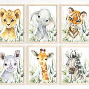 Juego de 6 impresiones de animales de safari, decoración de pared para habitación infantil tropical, animales de la jungla en acuarela, arte de pared para bebé niño, decoración de habitación de niño, imprimible