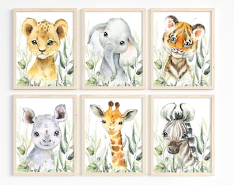 Set of 6, Safari Animal Prints, Tropical Nursery Wall Decor, Watercolor Jungle Animals, Baby Boy Wall Art, Boy Room Decor, Printable