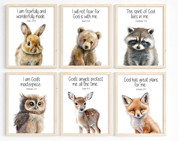 Kids Bible Verse Prints, Woodland Nursery, Woodland Animas, Scripture Prints for Kids, Christian ...