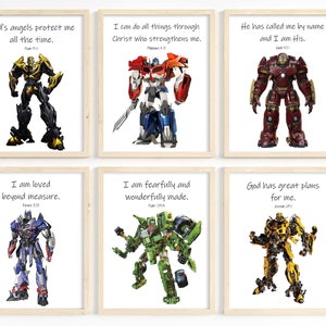 Kids Bible Verse Wall Art, Transformers, Scripture Prints for Kids, Boy Room Decor, Christian Child Room Decor, Set of 6, Printable