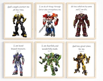 May include: Six framed prints with inspirational quotes and images of robots. The quotes are: "God's angels protect me all the time." "I can do all things through Christ who strengthens me." "He has called me by name and I am His." "I am loved beyond measure." "I am fearfully and wonderfully made." "God has great plans for me."