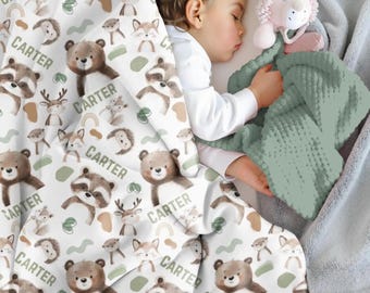 Baby Boy Blanket Woodland, Personalized Baby Name Blanket, Forest Animals Swaddle Blanket, Bear, Raccoon, Moose, Minimalist Baby Shower Gift