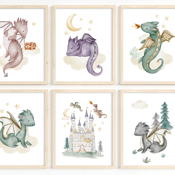 Nursery printable art set, DIY nursery decor, Dragon prints, Mythical creatures, Castle and dragons nursery art, Fairytale baby dragons