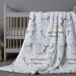 Sea Creatures Baby Name Blanket, Personalized Baby Boy Blanket, Ocean Baby Name Swaddle, Custom Nautical Minky, New Baby Gift, Dolphin
