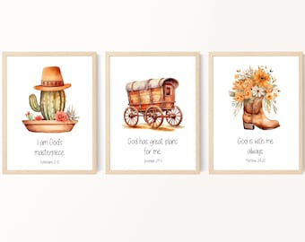 Western girl nursery art, Kids Bible verse wall art, BOHO Cowboy prints, Scripture prints for kids, Sunday school, Printable