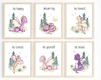 Arte infantil com dragões, Arte de parede com dragão para menina, Impressões de dragão roxo, Criaturas míticas, Dragões bebês de contos de fadas, Pintura de dragão, Menina pequena