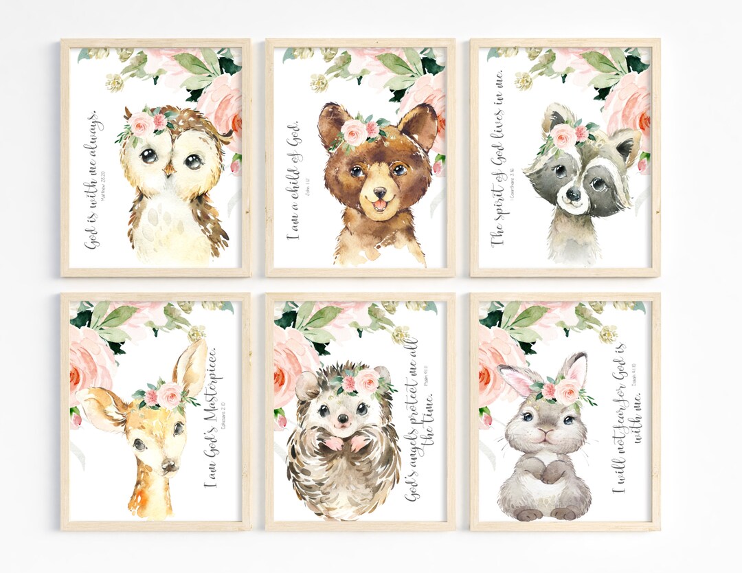 Kids Bible Verse Wall Art, Woodland Animal Nursery Girl, Christian ...