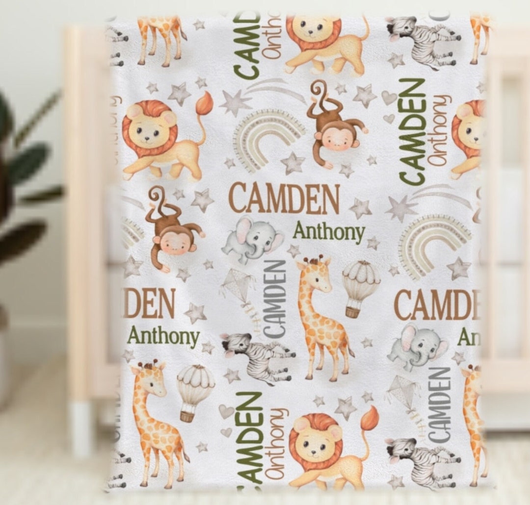 Safari Animals Baby Blanket, Personalized Baby Boy Blanket, BOHO Jungle ...