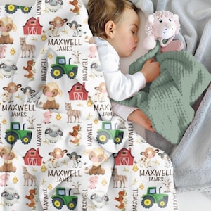 Farm Animal Blanket Baby Boy Personalized Boy Name Blanket Green Tractor Newborn Swaddle Cow Pig Goat Blanket with Name Hospital Blanket