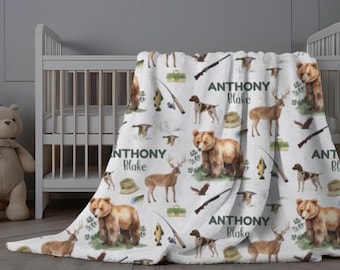 Custom Hunting Swaddle, Personalized Hunting Blanket, Hunting Nursery Decor, Hunting Theme Boy Blanket, Fishing Blanket, Bear Deer Duck