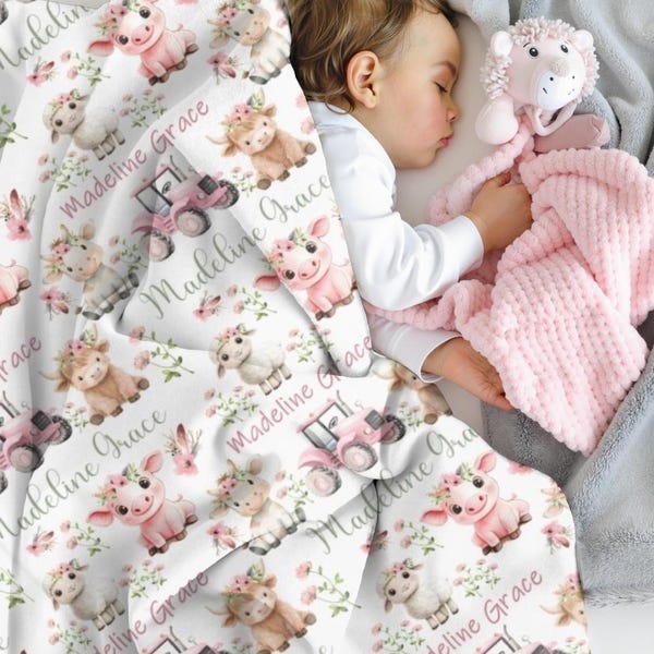 Farm Animals Blanket Baby Girl, Custom Name Blanket Girl, Pink Tractor Minky, Pig, Cow, Sheep Newborn Swaddle, Floral Farm Blanket Girl