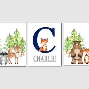 Nursery Decor, Woodland Nursery Decor, Name, Initial, Personalized, Boy Nursery Decor, Woodland Animal Prints, Canvas or Unframed Prints