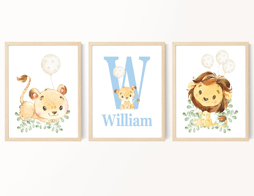 Set of 3 Boy Nursery Decor Baby Lion Nursery Art Name Etsy