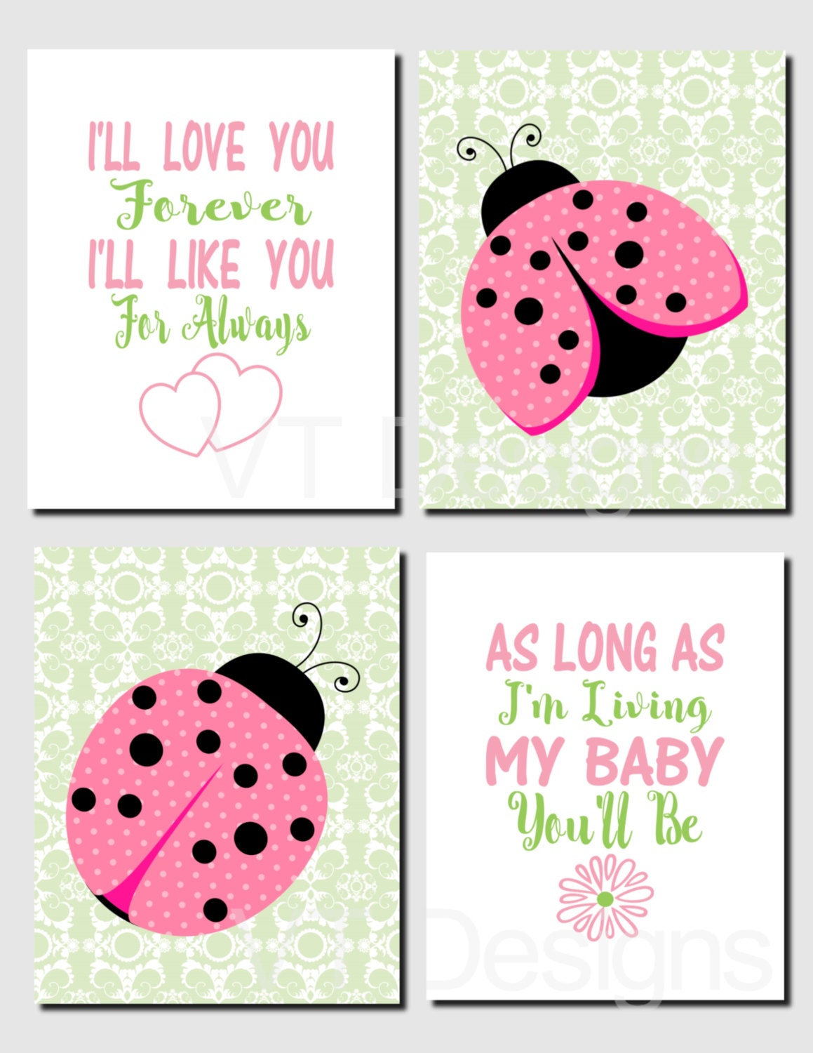 Ladybug Wall Art Baby Girl Nursery Art Pink Green Nursery Etsy