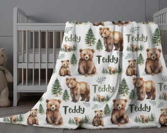 Personalized Bear Swaddle Boy, Woodland Animals Minky Blanket, Baby Boy Name Blanket, Bear Blanket Newborn Boy, Boy Blanket with Name