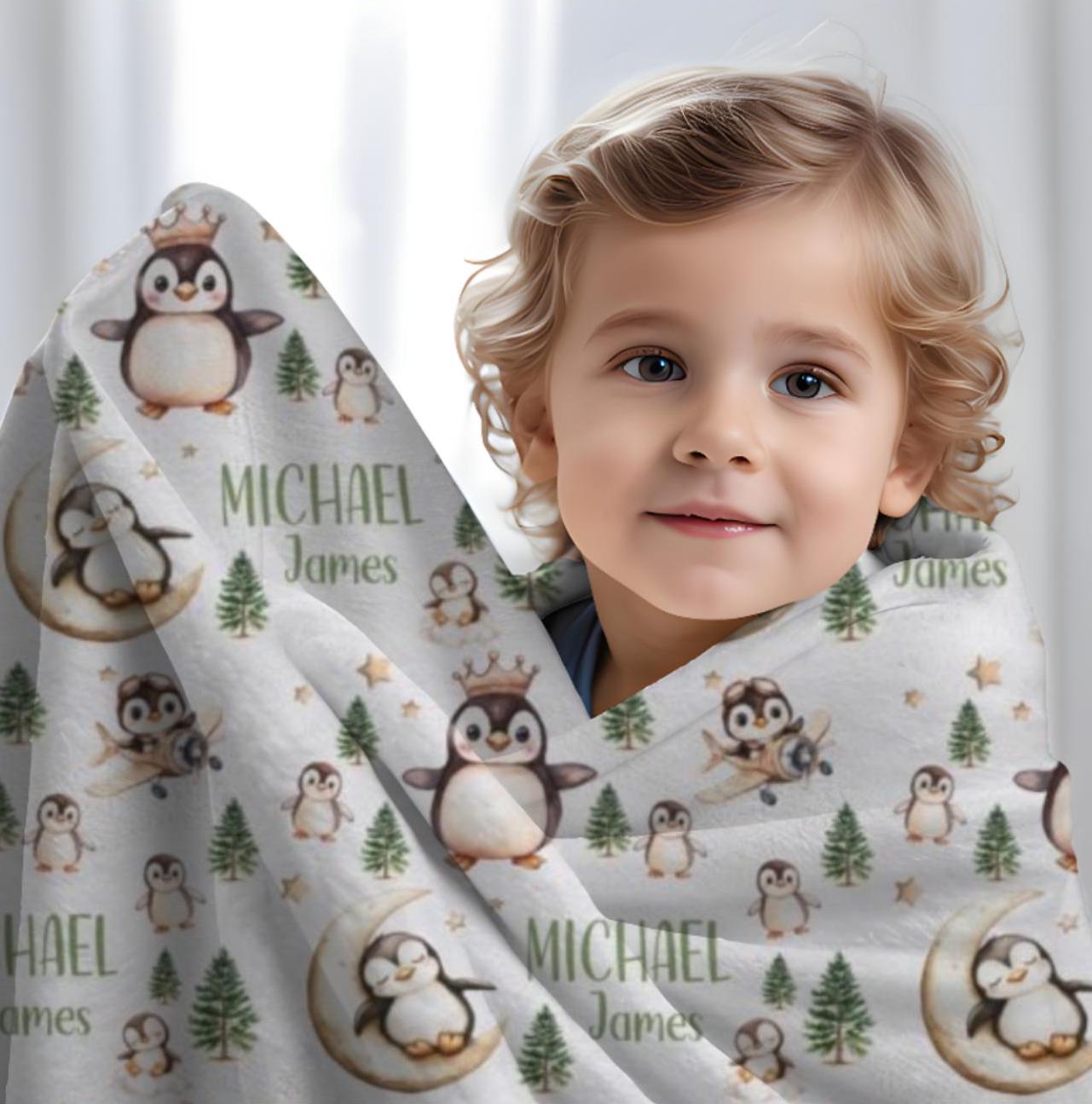 Penguin Blanket Baby Boy, Personalized King Penguin Swaddle, North Pole Baby Minky, Toddler Boy Blanket, Baby Shower Gift, Hospital Blanket