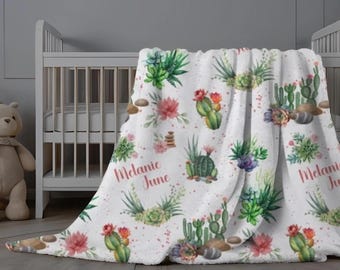 Custom Succulent Blanket, Personalized Cactus Swaddle, Desert Swaddle with Name, Blanket with Succulents, Southwest Flora Blanket Baby Girl