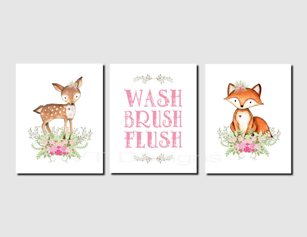 Woodland Bathroom Wall Art, Printable Kids Bathroom Art, Girl Woodland