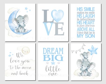 Baby boy nursery, Printable baby decor, Nursery wall art boy, Elephant on moon, Dream big, Baby room quotes, Set of 6, Digital prints