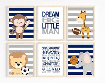 Sports Nursery Prints, Boy Nursery Decor, Jungle Animals Nursery Art, Sports Animal Decor, Football, Baseball, Toddler, Set of 6, Printable
