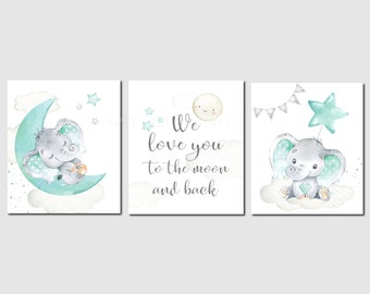 Elephant Nursery Art, Mint Gray Gender Neutral Nursery Decor, Boy Nursery Decor, We Love You To The Moon and Back, Unframed Prints or Canvas