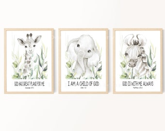 Kid's Bible Verse Prints, Christian Wall Decor, Safari Animal Prints, Nursery Decor, Sunday School Decor, Scripture for kids, Printable