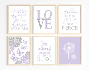 Lavender Nursery Decor, Baby Girl Nursery Decor, Butterflies, Flowers, Dandelions, Verses for Children, Purple Gray, Set of 6, Printable