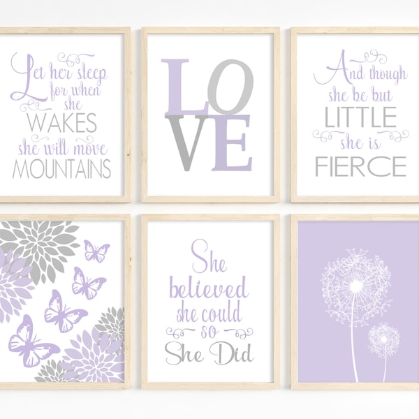 Lavender Nursery Decor, Baby Girl Nursery Decor, Butterflies, Flowers, Dandelions, Verses for Children, Purple Gray, Set of 6, Printable