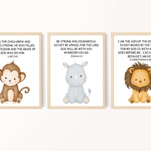 Kids Bible verse prints, Safari animal nursery art, Christian wall art, Baby nursery decor, Nursery animal prints, Kids room decor, Set of 3