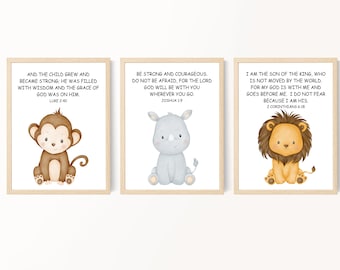Kids Bible verse prints, Safari animal nursery art, Christian wall art, Baby nursery decor, Nursery animal prints, Kids room decor, Set of 3