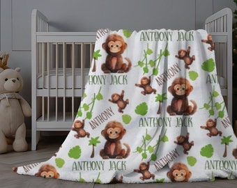 Personalized Baby Blanket Monkeys, Monkey Baby Boy Blanket, Safari Animal Baby Blanket, Boy Name Blanket, Baby Boy Swaddle, Baby Shower Gift