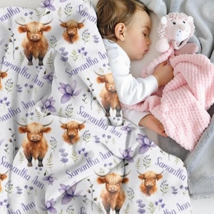 Personalized Highland Cow Swaddle Blanket for Baby Girl, Custom Baby Girl Blanket with Purple Flowers, Hospital Baby Blanket with Name