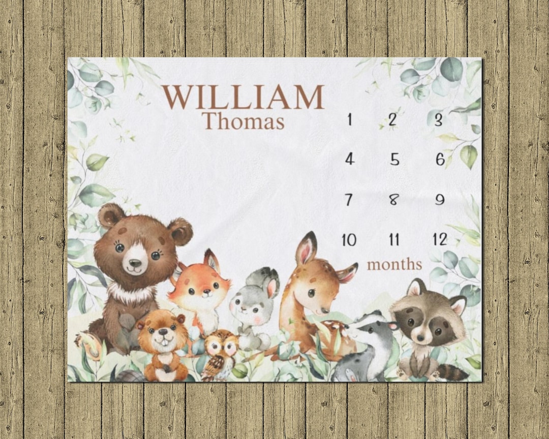 Woodland Animals Milestone Blanket, Baby Boy Monthly Grow Mat ...