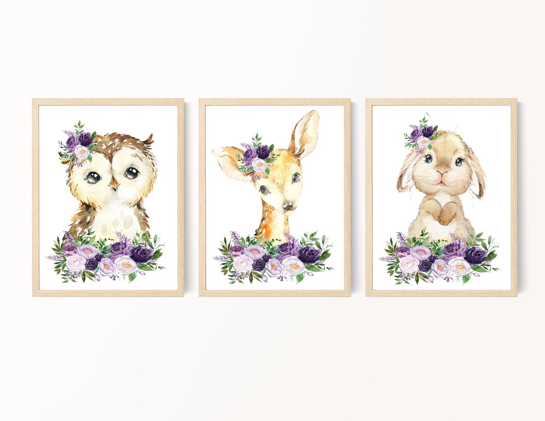 Baby Girl Nursery Decor, Purple Floral Nursery Art, Woodland Animals ...