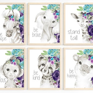 Safari animal prints - Purple teal wall art - Toddler girl room decor - Animal flower prints - Kids wall art - Baby shower gift - Printable