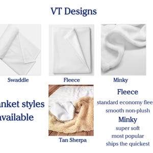 Op de afbeelding: Een visuele gids voor verschillende dekenstijlen, waaronder swaddle, fleece, minky en tan sherpa. De tekst luidt "Dekenstijlen beschikbaar" en somt de kenmerken van elke stijl op.