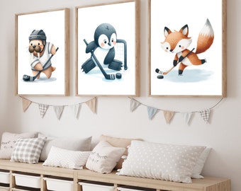 Hockey kids room decor, Sports nursery decor, Baby animals sports, Boy sports nursery, Baby animals, Hockey nursery decor, Prints or Canvas