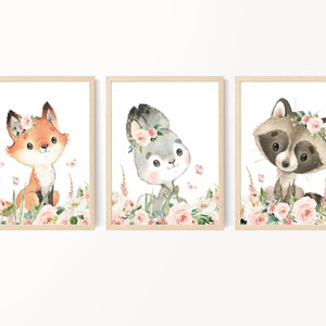 Girl room decor, Woodland animal prints, Baby girl nursery decor, Toddler girl wall art, Baby room decor, Fox, 3 Unframed Prints or Canvas