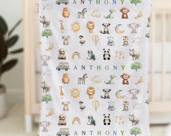 Personalized Baby Blanket, Safari Animals Baby Blanket, Personalized Baby Gift, Custom Baby Boy Swaddle, Baby Keepsake, Baby Animals Nursery