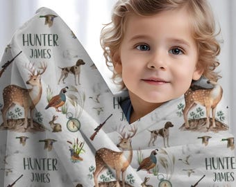 Personalized Hunting Blanket, Custom Deer Hunting Blanket, Bird Hunting Boy Name Blanket, Hunting Baby Boy Blanket, Toddler Boy Blanket