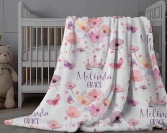 Floral baby blanket with princess crown, Personalized blanket, Custom princess blanket, Baby girl swaddle, Personalized gift toddler girl