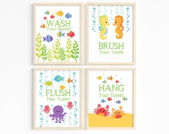 Kids Bathroom Decor, Wash Brush Flush, Under the Sea Bathroom Prints, Beach House Bathroom Decor, Lake House Kids Bathroom Signs, Printable