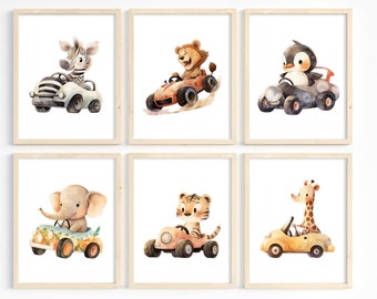 Boy nursery decor, Racecar nursery decor, Safari animal prints, Baby boy nursery, Jungle animals, Gender neutral, Unframed prints or canvas