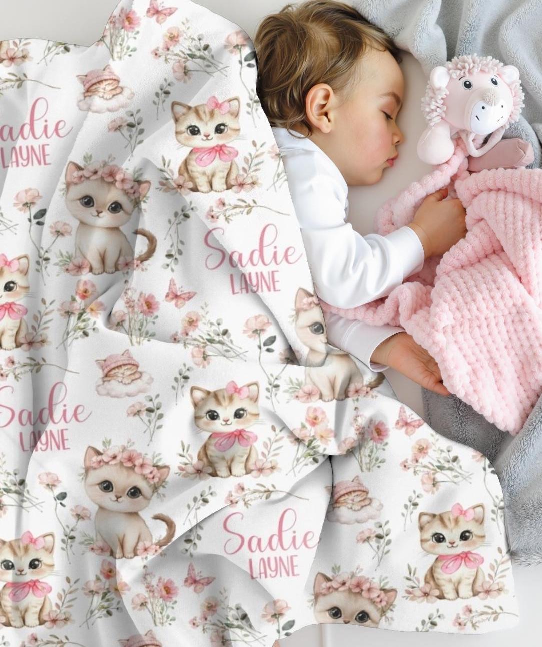Personalized Baby Blanket Floral Baby Girl Cat Swaddle Baby Name Blanket Cats Newborn Baby Swaddle with Kittens Pink Flowers Custom Gift