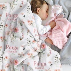 Pink Floral Baby Swaddle, Personalized Baby Girl Blanket, Flower Baby Name Swaddle, Custom Wildflowers Minky Blanket, New Baby Gift