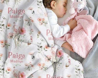 Pink Floral Baby Swaddle, Personalized Baby Girl Blanket, Flower Baby Name Swaddle, Custom Wildflowers Minky Blanket, New Baby Gift