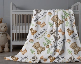 Boy Woodland Blanket, Personalized Baby Name Blanket, Woodland Animals Minky Blanket, Boy Name Blanket, Custom Baby Swaddle