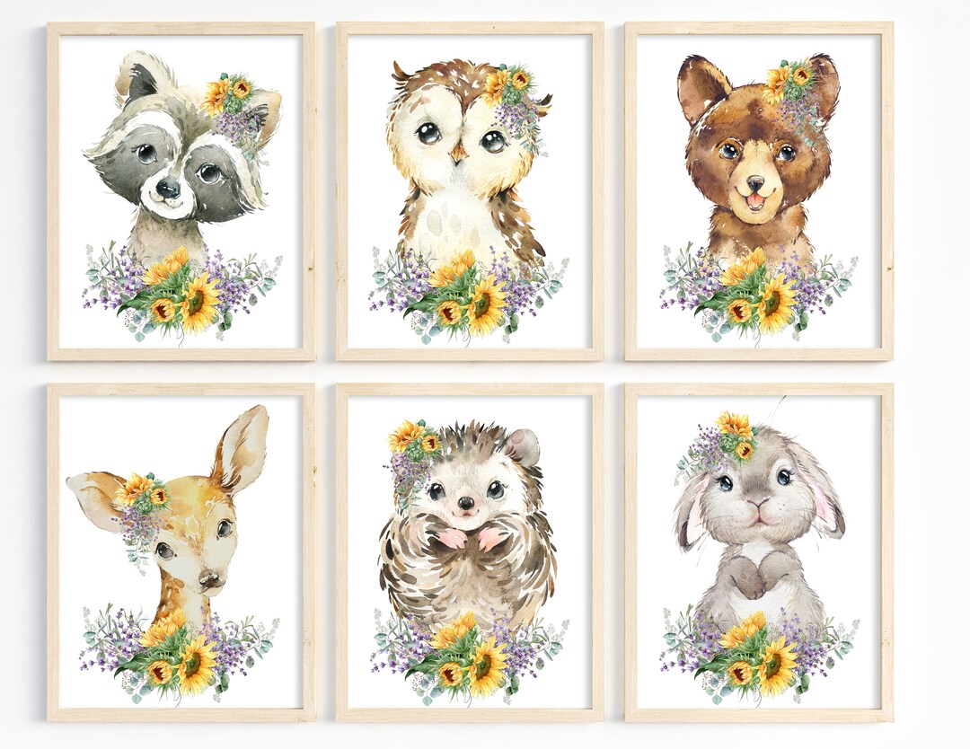 6 Woodland Animal Nursery Prints, Baby Girl Nursery, Sunflowers Wall ...